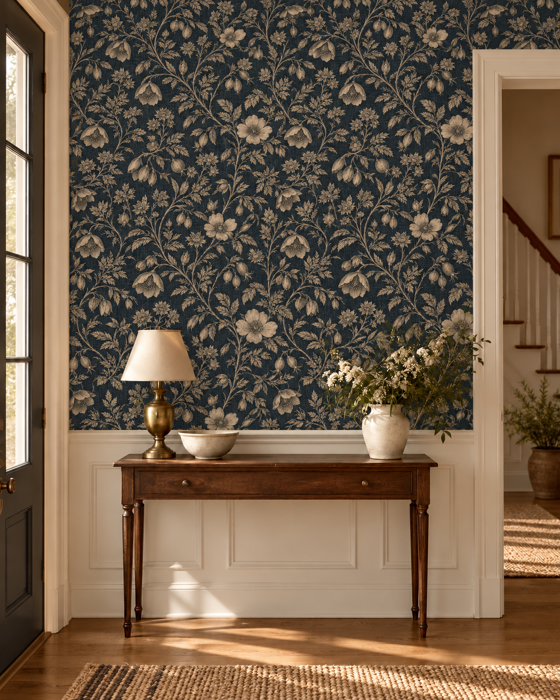 Etched Garden Wallpaper entryway with smaller original botanical pattern