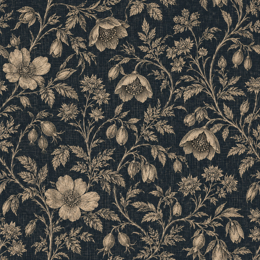 Etched Garden Wallpaper flat botanical pattern in charcoal navy and flax