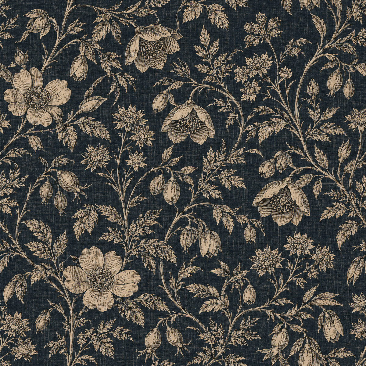 Etched Garden Wallpaper flat botanical pattern in charcoal navy and flax