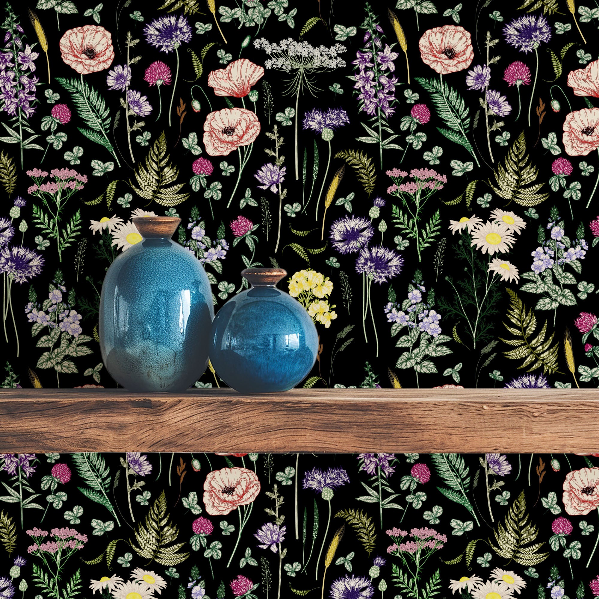 midnight meadow wallpaper, premium peel & stick, 2x4 feet 24 inches x 48 inches, home decor