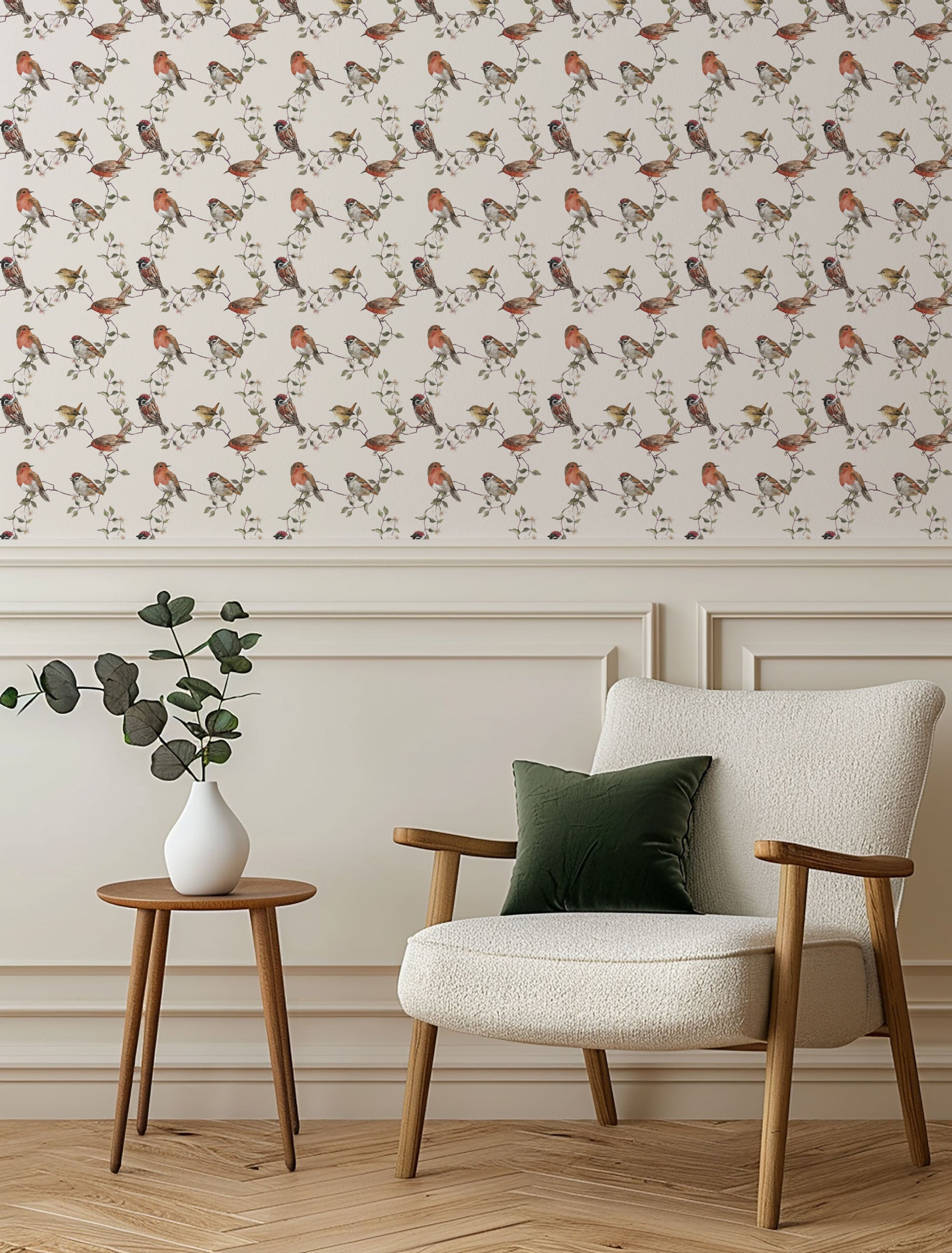 botanical birds wallpaper, premium peel & stick, beige, home decor