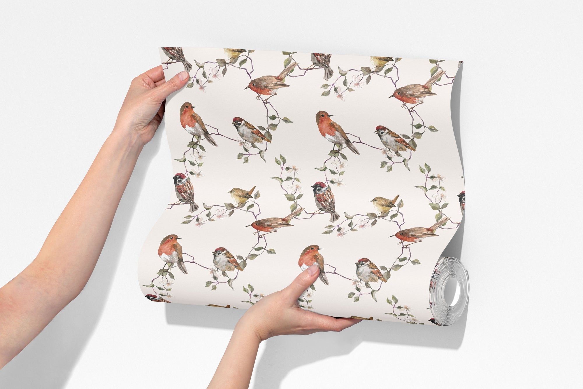 botanical birds wallpaper, premium peel & stick, beige, home decor