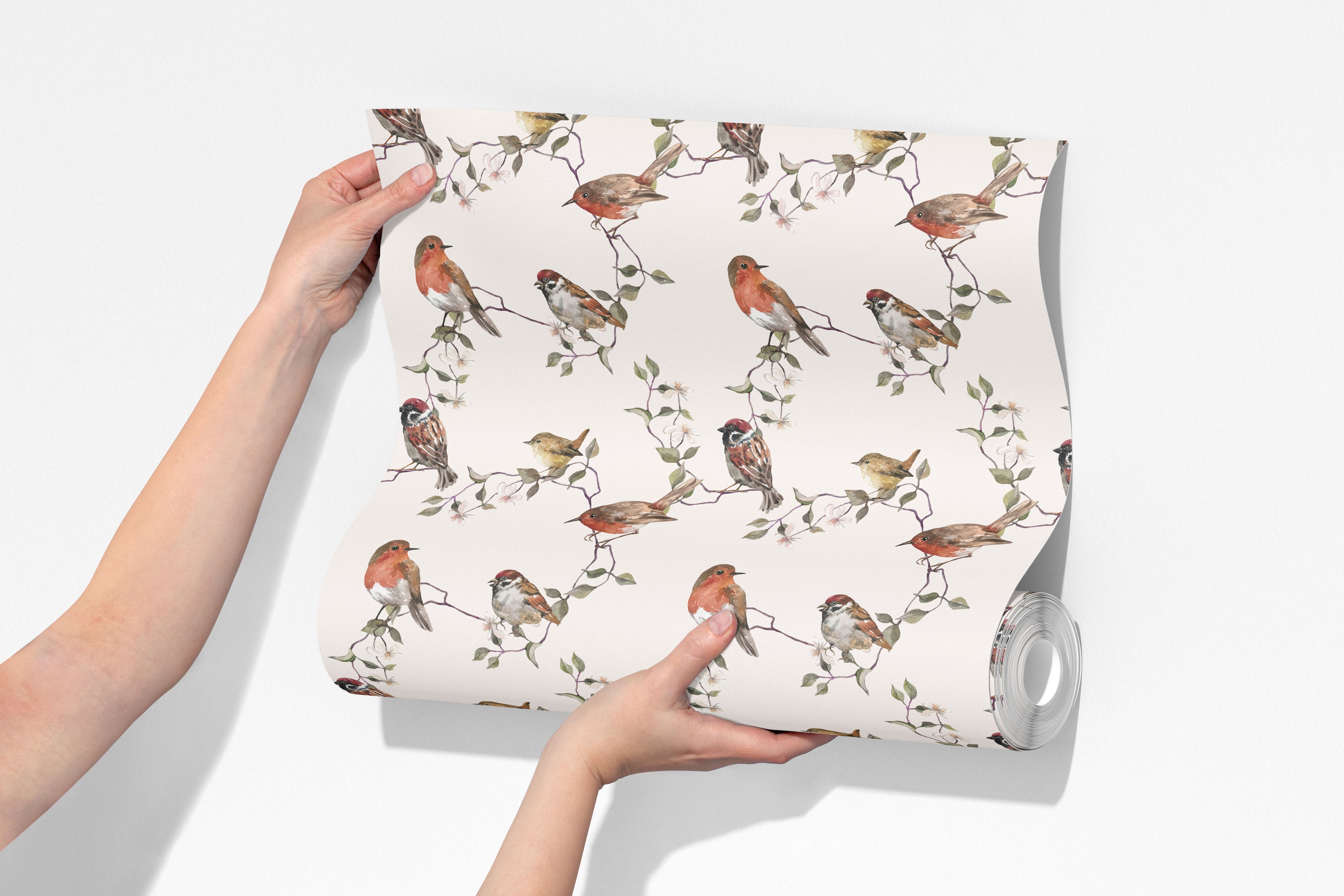 botanical birds wallpaper, premium peel & stick, beige, home decor