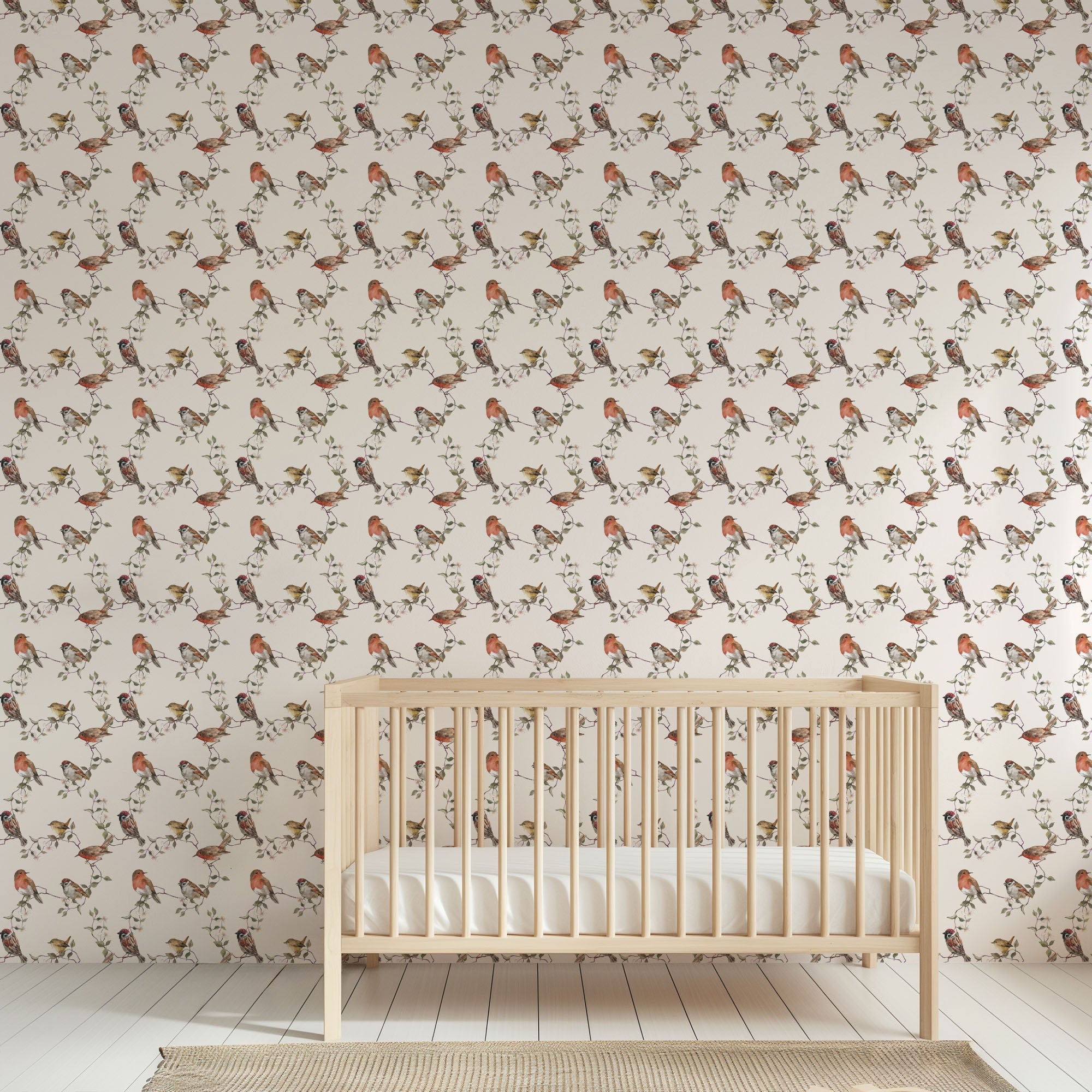 botanical birds wallpaper, premium peel & stick, beige, home decor