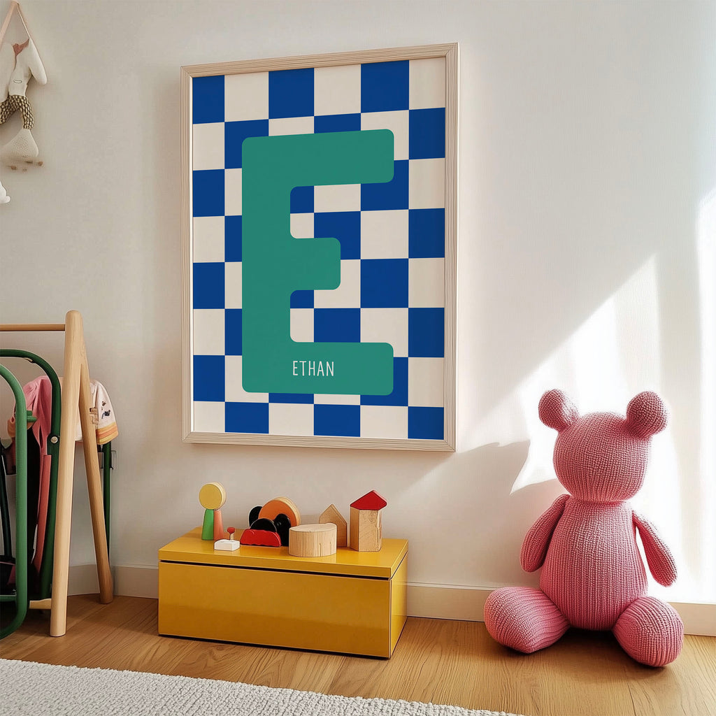 Personalized Blue Checker Kids Name Art Print