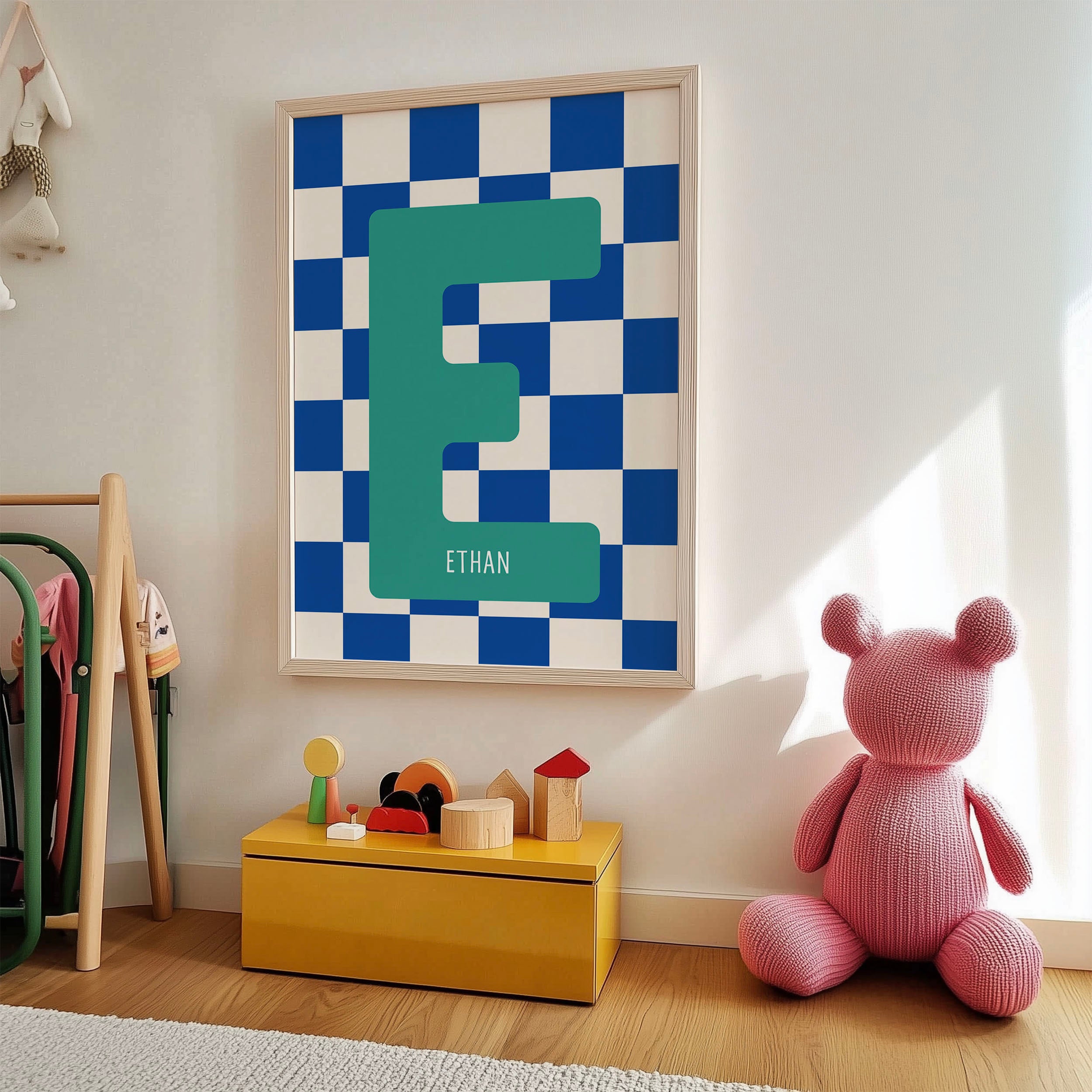 personalized blue checker kids name art print, printable art - digital download, 8 inches x 10 inches, blue; red; golden; teal, home decor