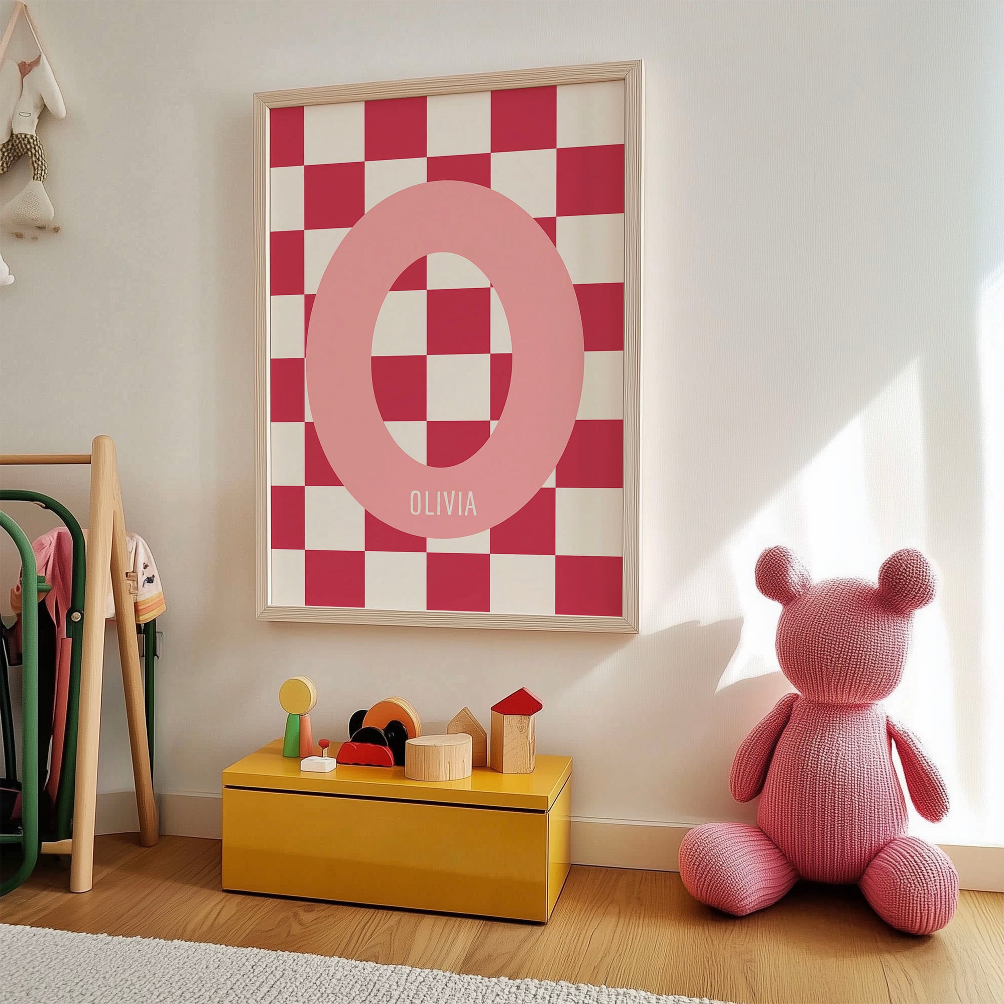 Personalized Red Checker Kids Name Art Print