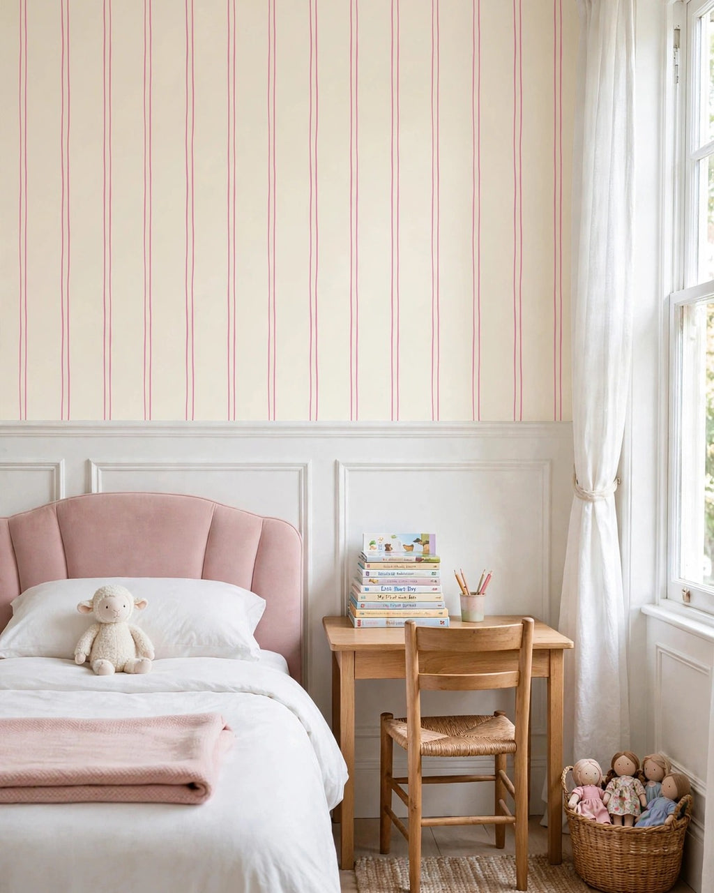 Pink Pinstripe Wallpaper in a softly styled children's room