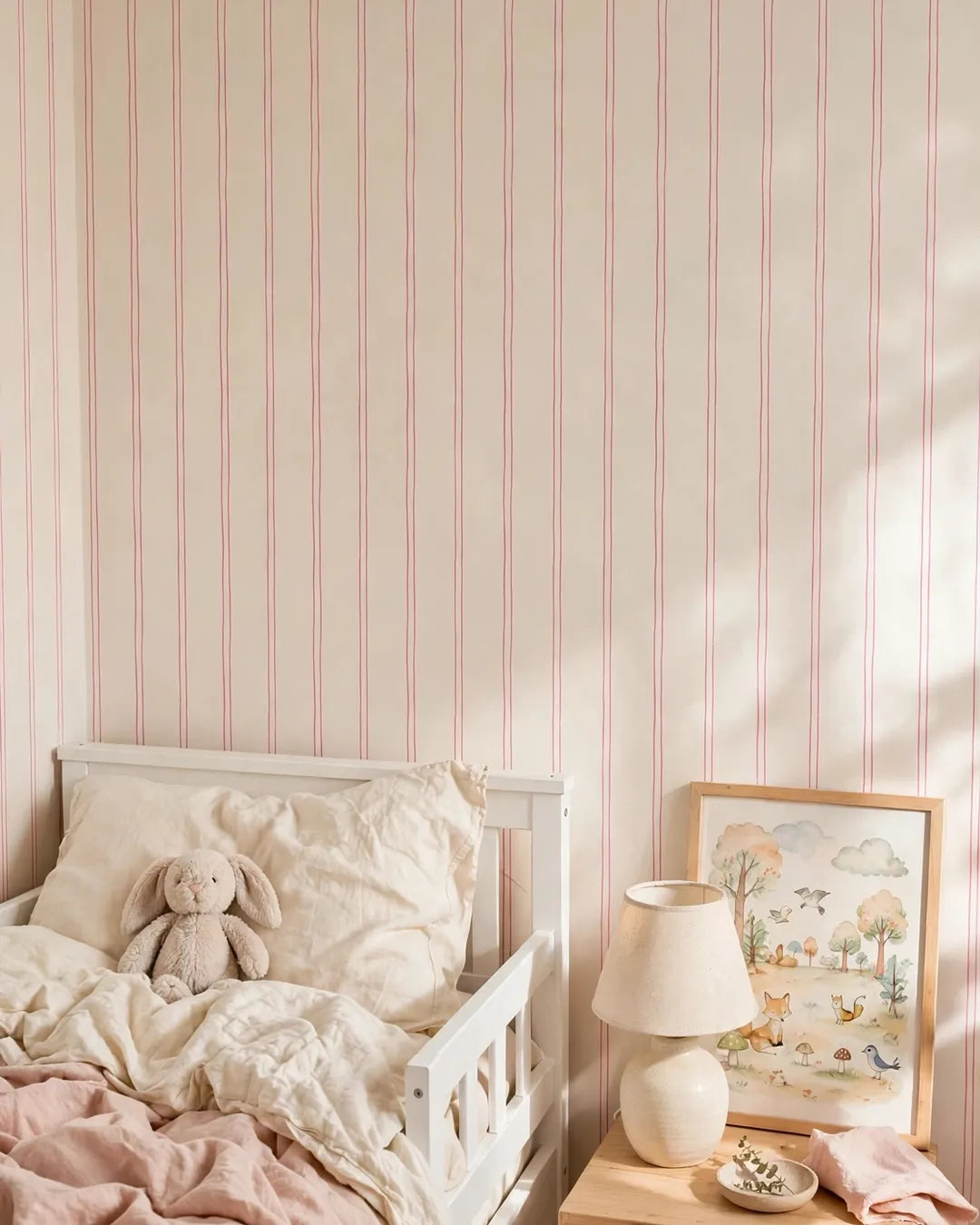 Pink Pinstripe Wallpaper in a softly styled children's room